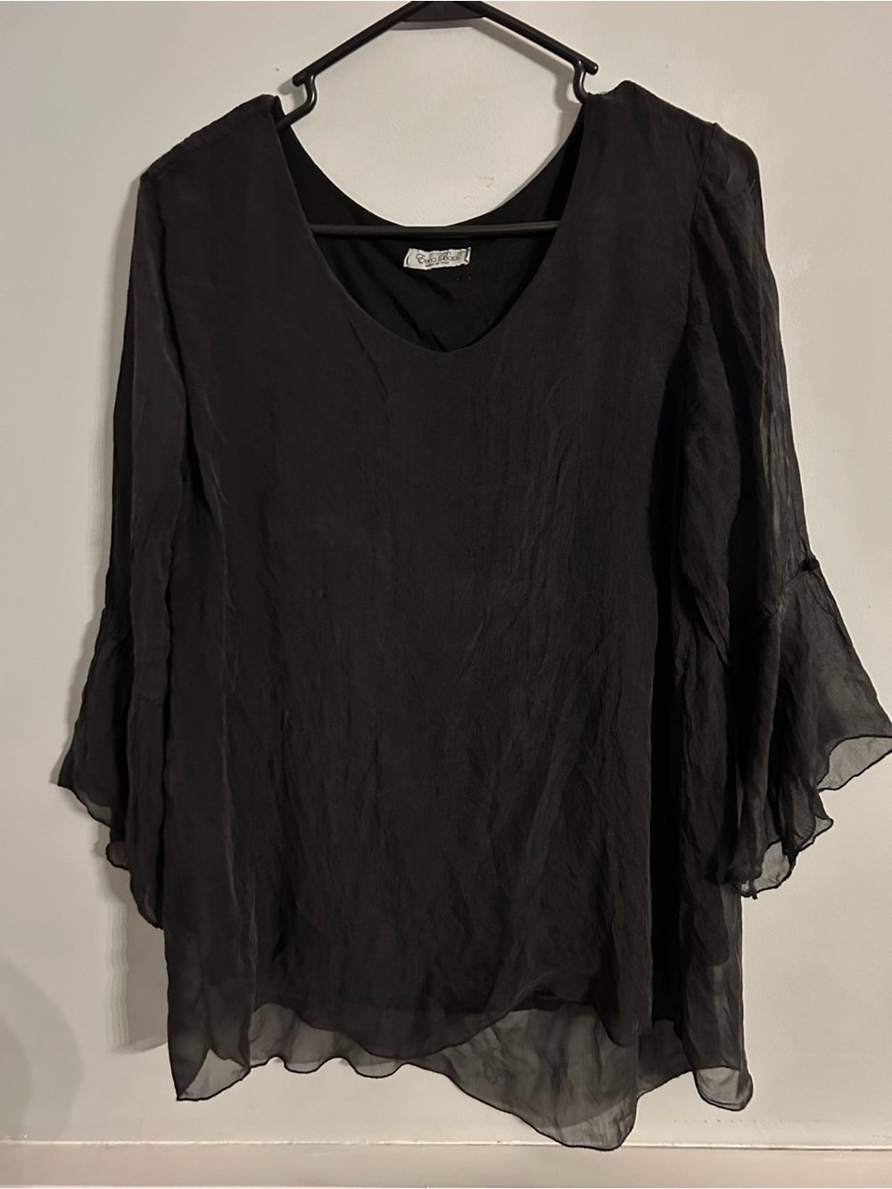 Elena Baldi Silk Black Blouse Italian Made Women LG Sheer Bell Sleeves